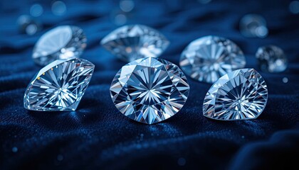 Diamonds glistening over a dark blue velvet backdrop