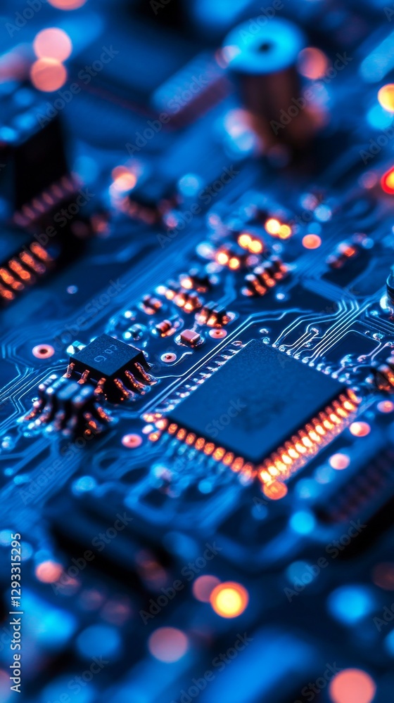 Poster close-up of a blue and orange glowing circuit board with microchips and components.