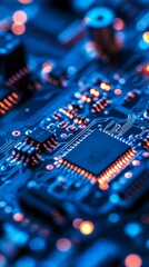 Fototapeta premium Close-up of a blue and orange glowing circuit board with microchips and components.
