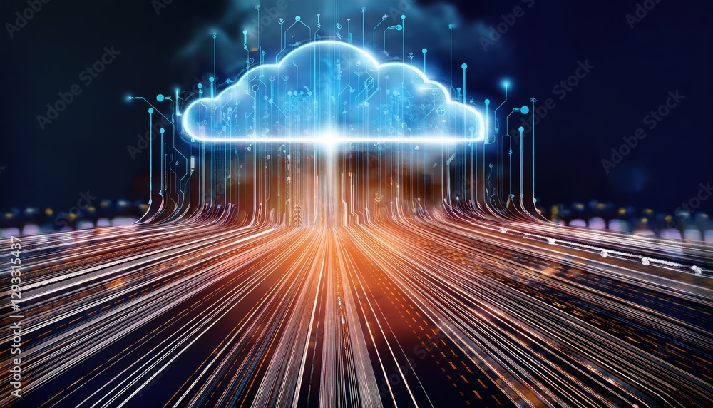 Poster abstract representation of a cloud with a network overlay showcasing data connectivity and flow