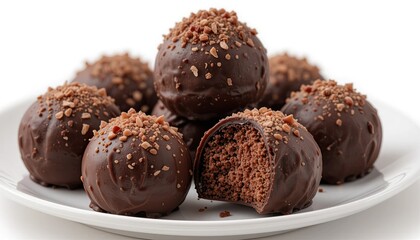 Delectable chocolate truffles on a white plate with a background that is isolated