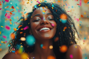 Throwing Confetti. Happy African American Woman Celebrating with Joy and Cheer
