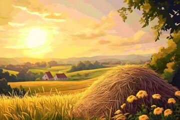 Neat thatch stacks under the golden sunlight