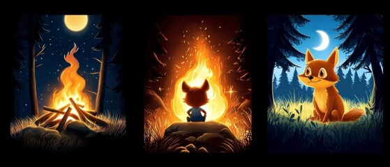 Fox and Campfire Triptych Nighttime Forest Adventures.