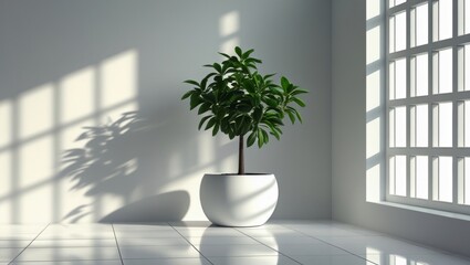 Minimalist Interior with Potted Plant on Glossy White Tiled Floor, Geometric Window Shadows and Natural Light in Serene Space, Generative AI