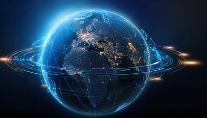 A globe with a striking blue and black background emphasizing global connectivity and technology