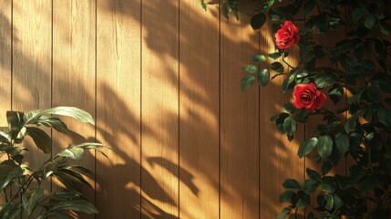 Soft Shadows of Tropical Rose Plants Draping Over a Warm Wooden Wall