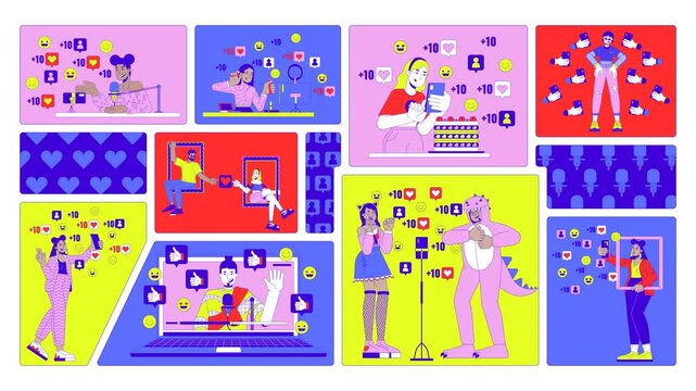 Social media influence and online engagement animated bento grid layout. Influencers internet fame, virtual likes 2D animation flat cartoon ui collage design. 4K video motion graphic collection