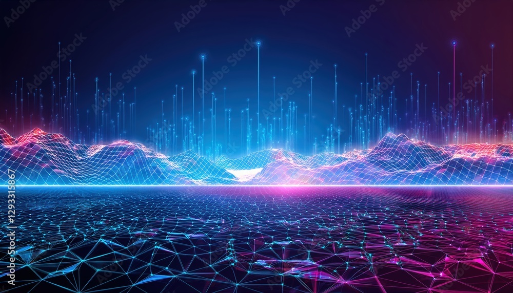 Poster futuristic landscape with abstract lines and dots creating a technological visual experience
