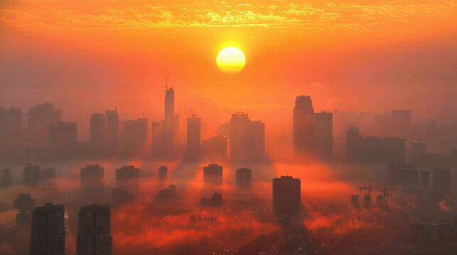 Megapolis in smog. Air pollution in a city