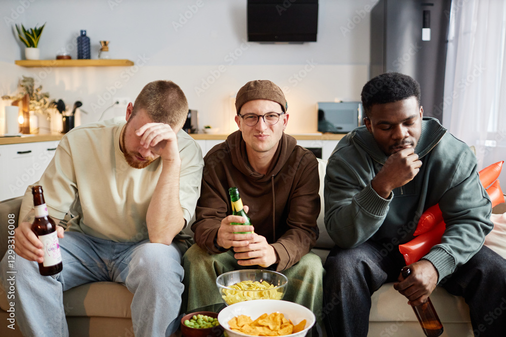 Wall mural Front view portrait of three male friends sitting on couch at home and watching TV with mixed emotions