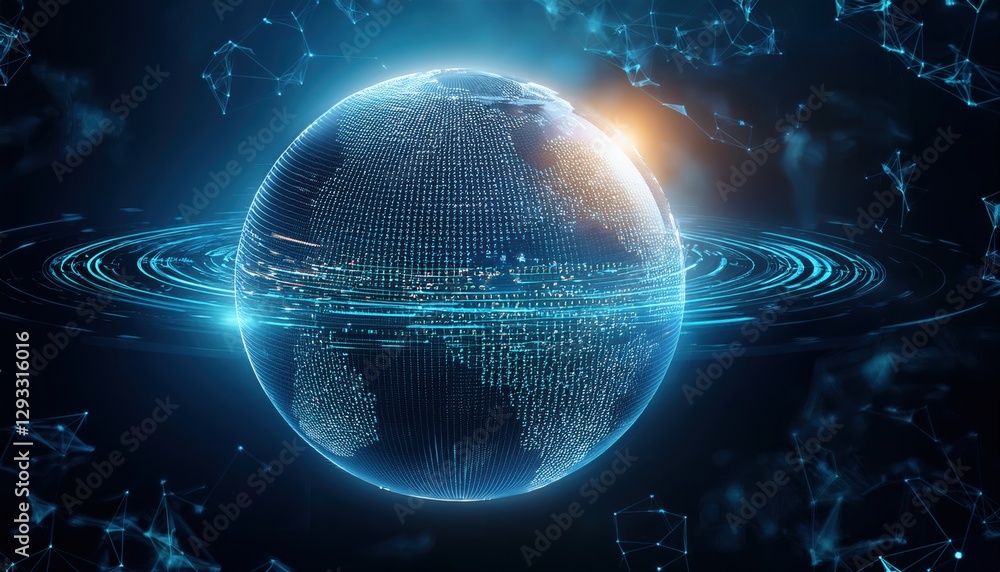 Poster sphere encompassed by a network of lines and dots signifying connectivity and technological innovati
