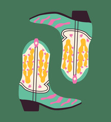 Cowboy boots with cactus and flower. Hand drawn quirky vector illustration for poster, card, t shirt