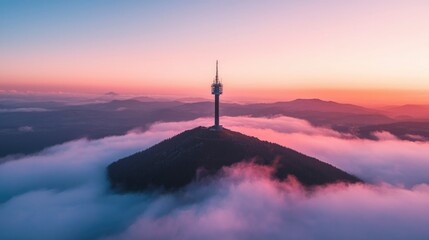 Obraz premium Mountaintop Tower Above the Clouds at Sunset