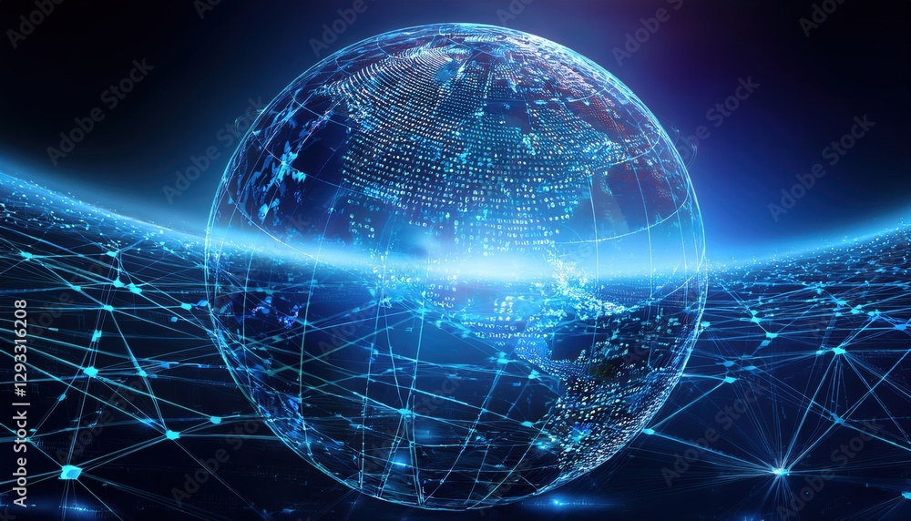 Poster globe surrounded by a network of connected lines representing a global digital communication system