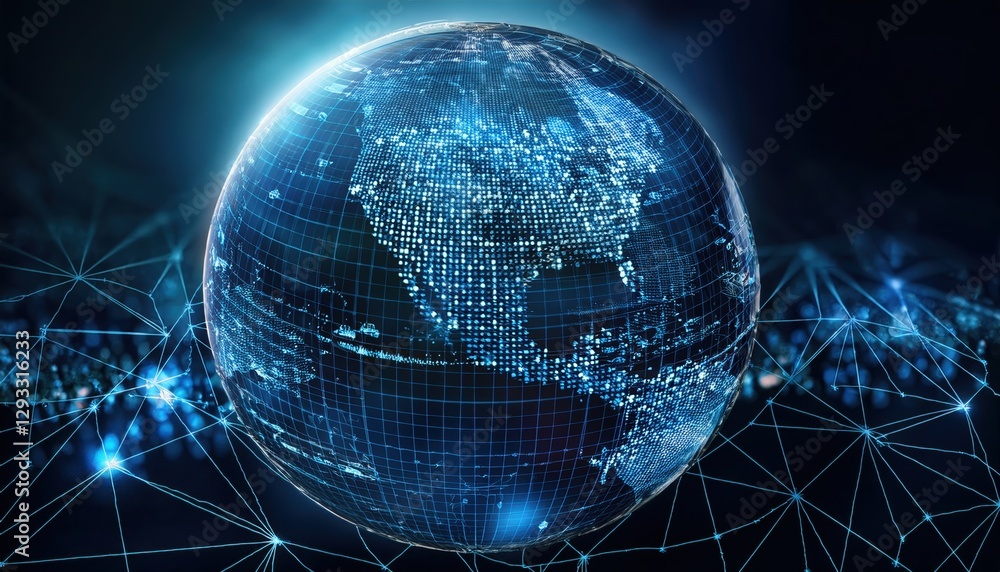Poster globe surrounded by a network of dots representing global connections and digital information flow