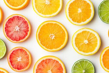Vibrant arrangement of assorted citrus fruit slices showcasing the colorful variety of oranges, limes, and grapefruits on a clean white background