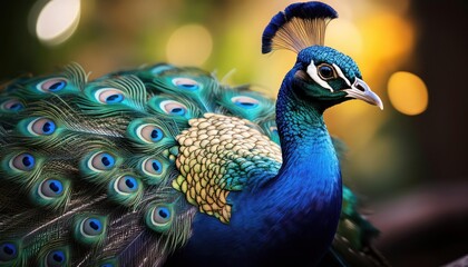 Vivid and Regal Peacock Feathers Against a Lush, Emerald Background, Displaying Iridescent Plumage in Stunning Detail with Majestic Pride.