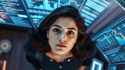 Fototapeta premium Photo of a beautiful Indian woman standing in front of a stock market chart.