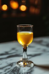 Obraz premium Golden cocktail in stemmed glass on marble bar with warm bokeh
