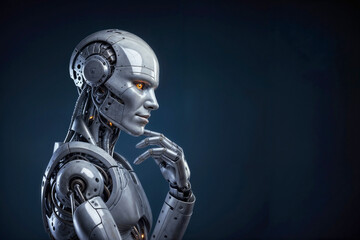 Robot thinking on blue background