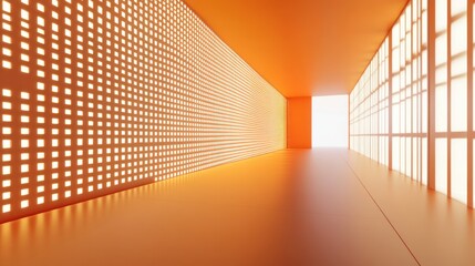 Orange illuminated corridor, bright future, abstract background, design concept