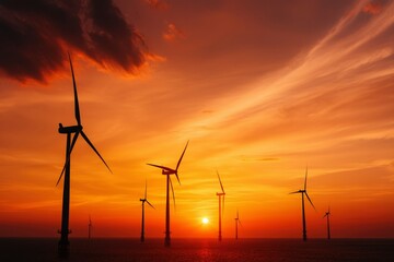 Obraz premium Wind Turbines at Sunset Over the Ocean
