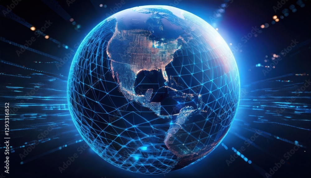 Poster globe surrounded by a network of lines illustrating global connectivity and interconnected systems