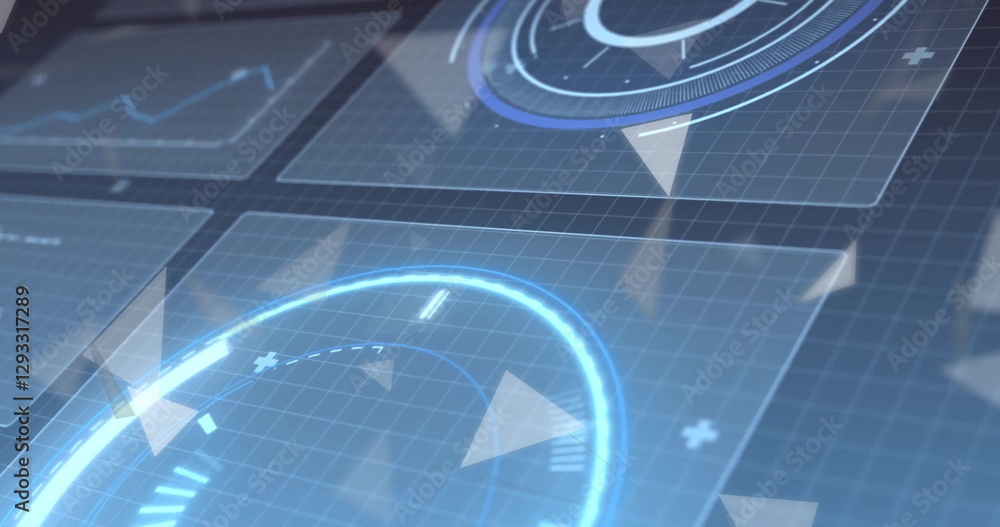 Poster image of scope and data processing over screens on blue background