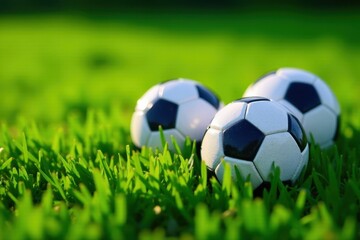 Fototapeta premium Close-up of four sparkling soccer balls nestled in bright green grass , overhead, sports equipment
