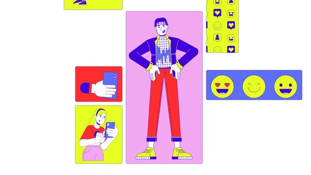 Social media fame and diverse content creators bento grid animation. Users seeking likes, influencer marketing collage motion 4K video web design. Animated cartoon characters collection mood board