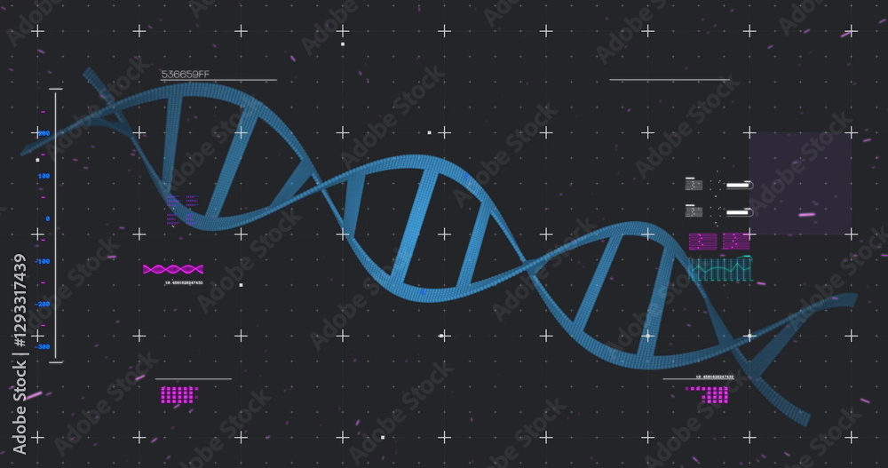 Poster image of scope scanning over data processing and dna strand on black background