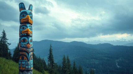 Totem Pole in Colourful Mountain Landscape with Ornate Carved Designs