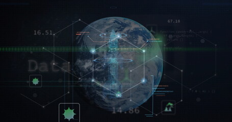 Image of data processing over globe on black background