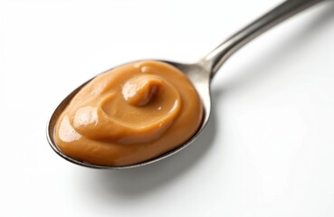 Fototapeta premium Close-up of peanut butter swirl on a spoon, isolated on white background. Creamy paste, natural light, smooth texture. Perfect for breakfast, snack or dessert. Healthy, delicious spread.