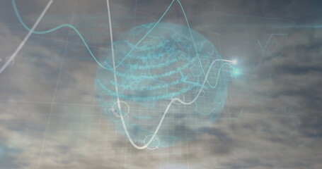 Image of financial data processing and globe over sky with clouds