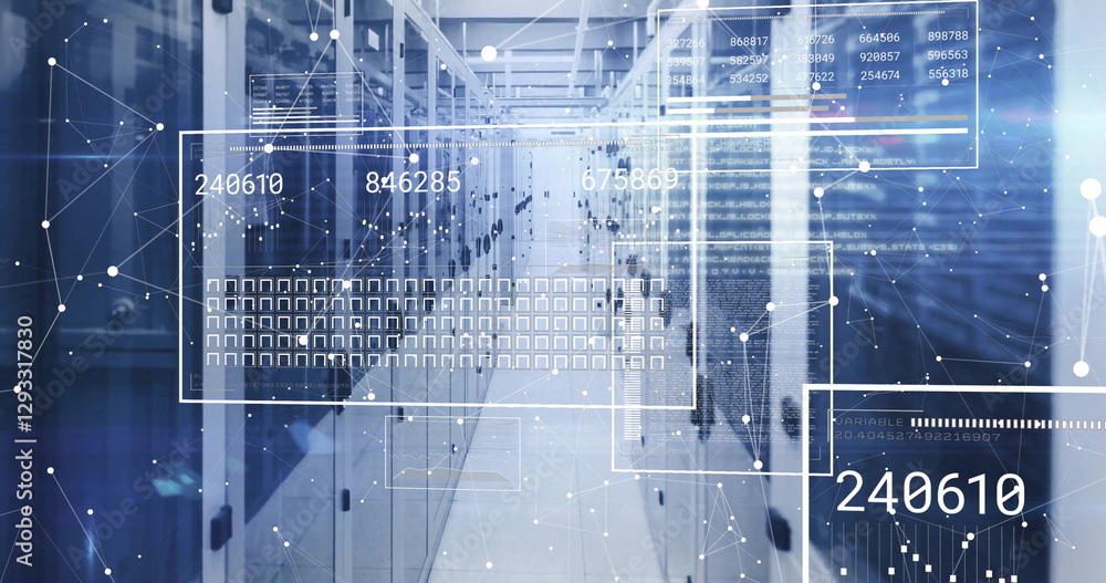 Poster image of data processing and shapes over server room