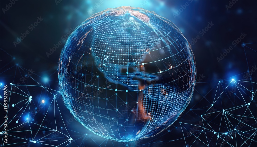 Poster globe depicting a complex arrangement of lines and dots highlighting global interactions and data