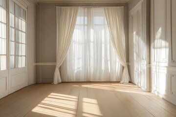 A Scandinavian-inspired empty room with a neutral color scheme, natural wood textures, and light filtering through sheer curtains.