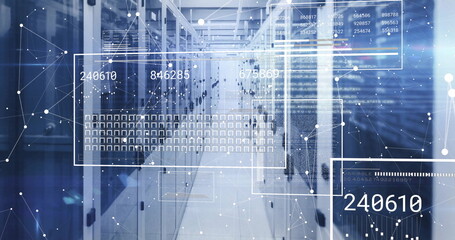 Image of data processing and shapes over server room
