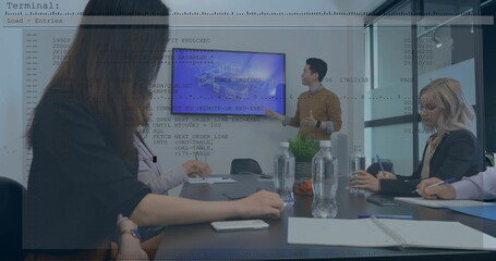 Image of data processing over diverse colleagues having meeting in office