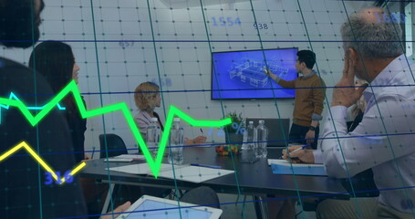 Image of financial data processing over diverse colleagues having meeting in office