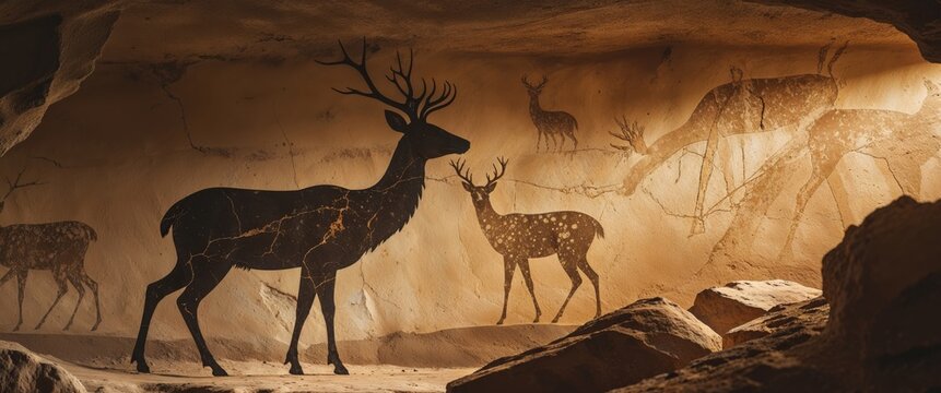 Ancient deer silhouette on cave wall in historical site showcasing early human art