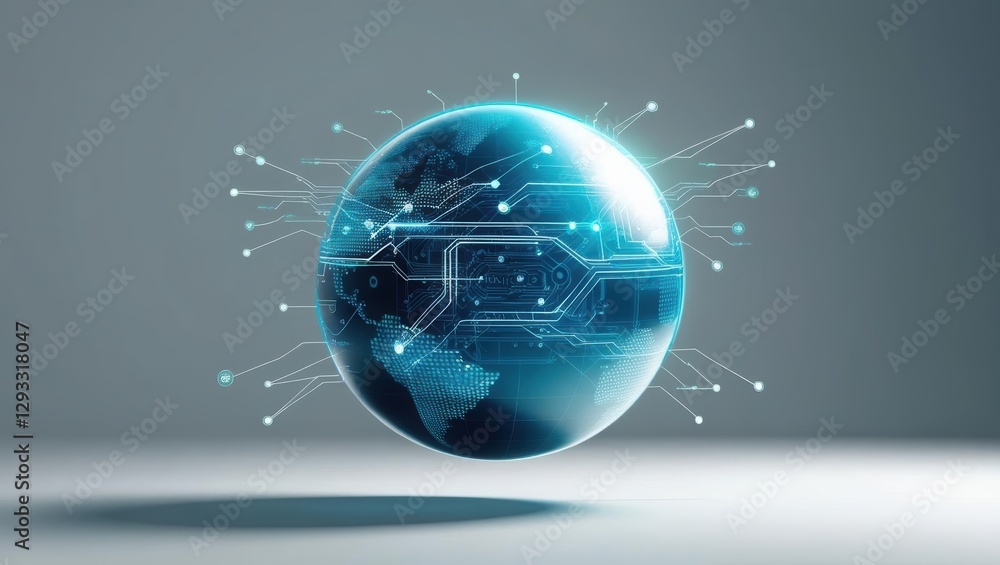 Poster globe featuring a circuited design in the center symbolizing advanced technology and connectivity