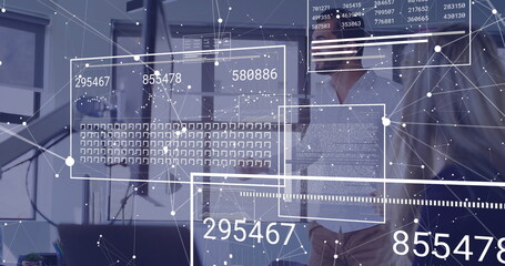 Image of financial data processing over diverse business people in office