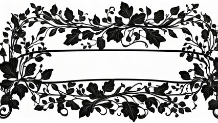 1. Medieval Illuminated Manuscript Style: Black and White Silhouette of a Rectangular Horizontal Frame with Stylized Tree Branches