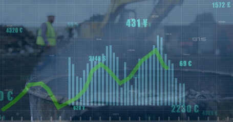 Image of financial data processing over caucasian male worker on rubbish dump