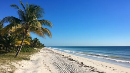 Beautiful beach with white sand and palm trees on the left side of the frame. The blue sky is clear, and there's a calm sea in front of it