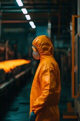 Obraz premium Worker in protective suit observes molten metal in factory
