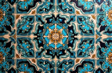 Detail of Ince Minare Medresesi tile art from Konya, Turkey. Ornate turquoise, black, gold mosaic pattern features aged traditional oriental architecture. Interior design element, cultural heritage